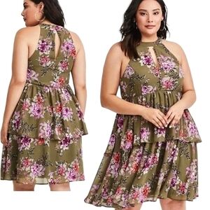 Torrid Olive Floral, Chiffon Ruffle, High Neck, Midi Dress, Size 2X, NWOT